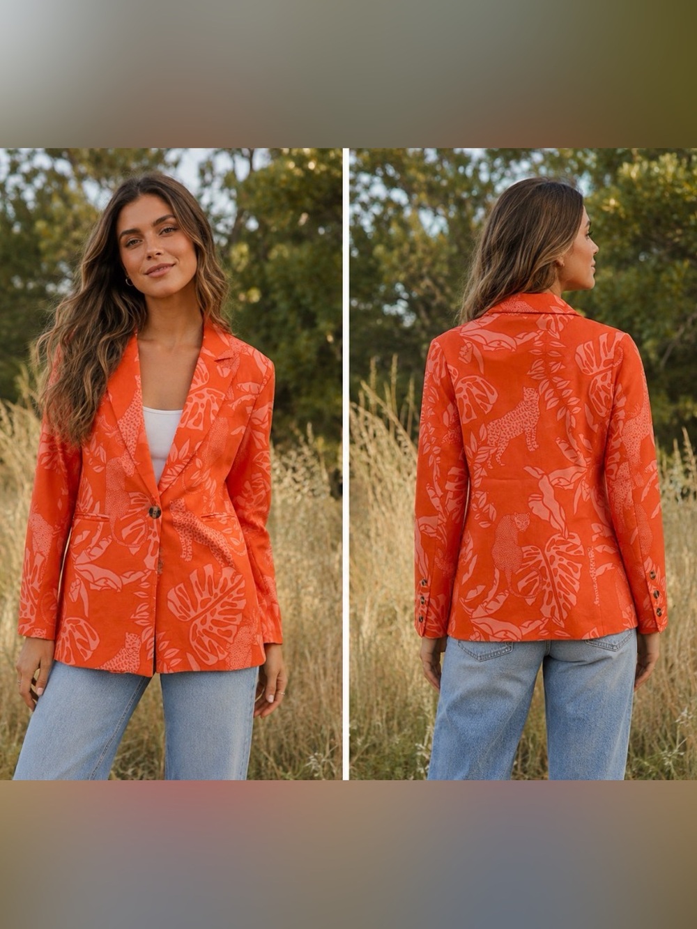 RARE Las Surenas “Blazer Life in Colors Red” Orange Cheetah Jungle Pattern Small
